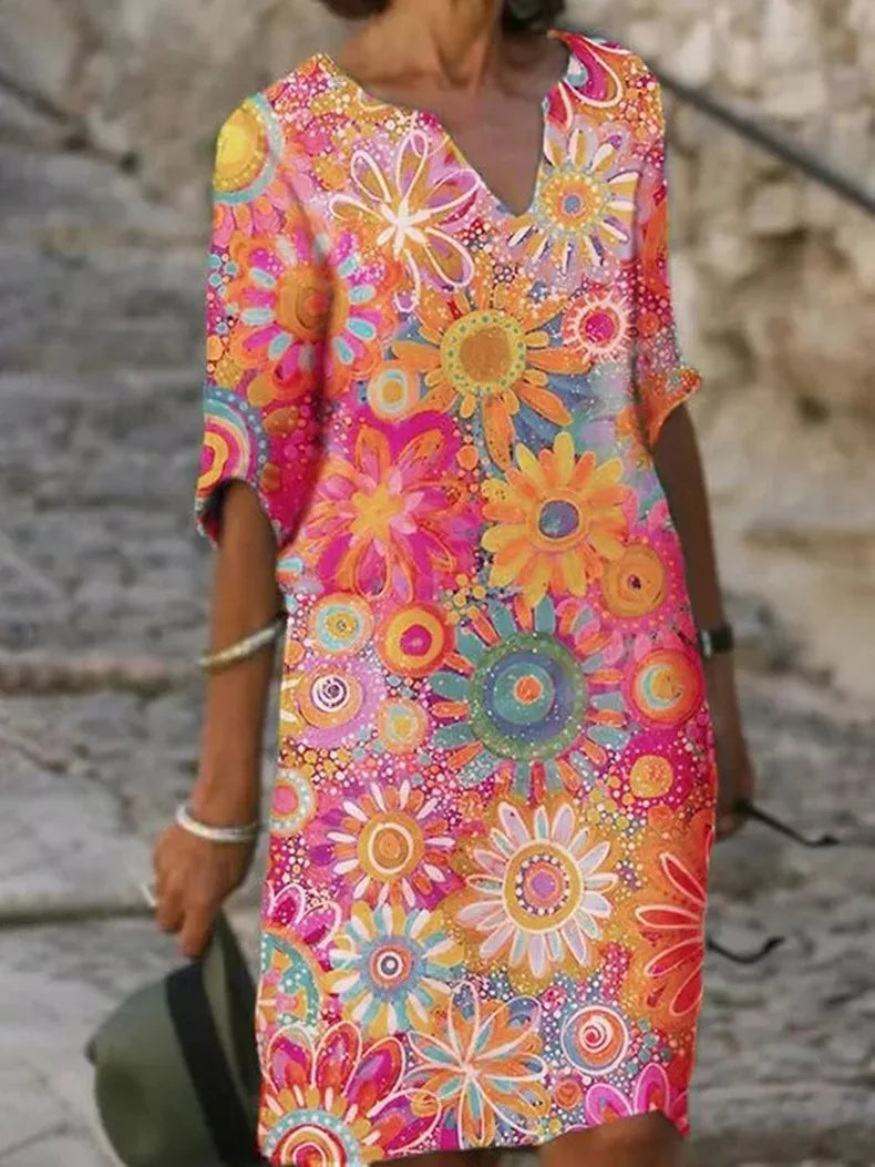 Vestido Con Estampado Floral Y Escote En V Con Mangas Cortas Para Mujer | Ideal Para Verano