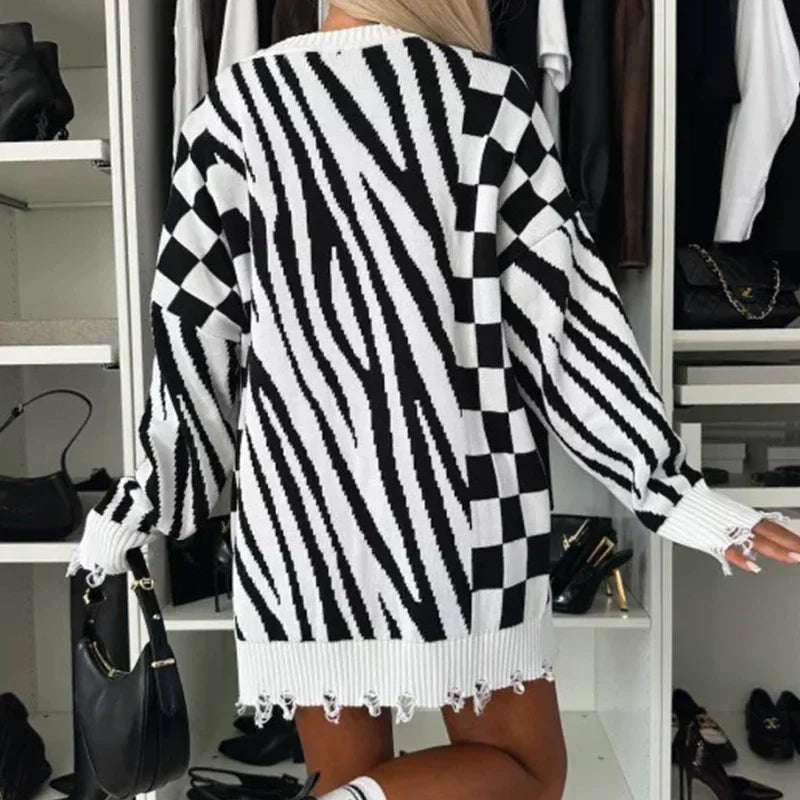 Suéter de punto con estampado de cebra y cuello O, ideal para todas las estaciones