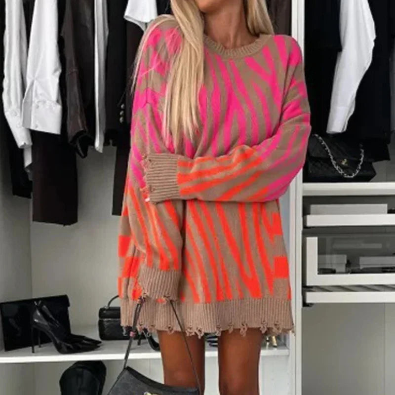 Suéter de punto con estampado de cebra y cuello O, ideal para todas las estaciones
