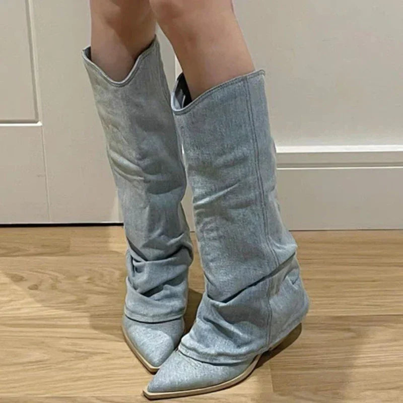 Botas de mezclilla hasta la rodilla con forro aislante y suela antideslizante | Ideal para el invierno