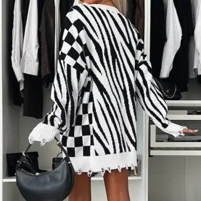 Suéter de punto con estampado de cebra y cuello O, ideal para todas las estaciones