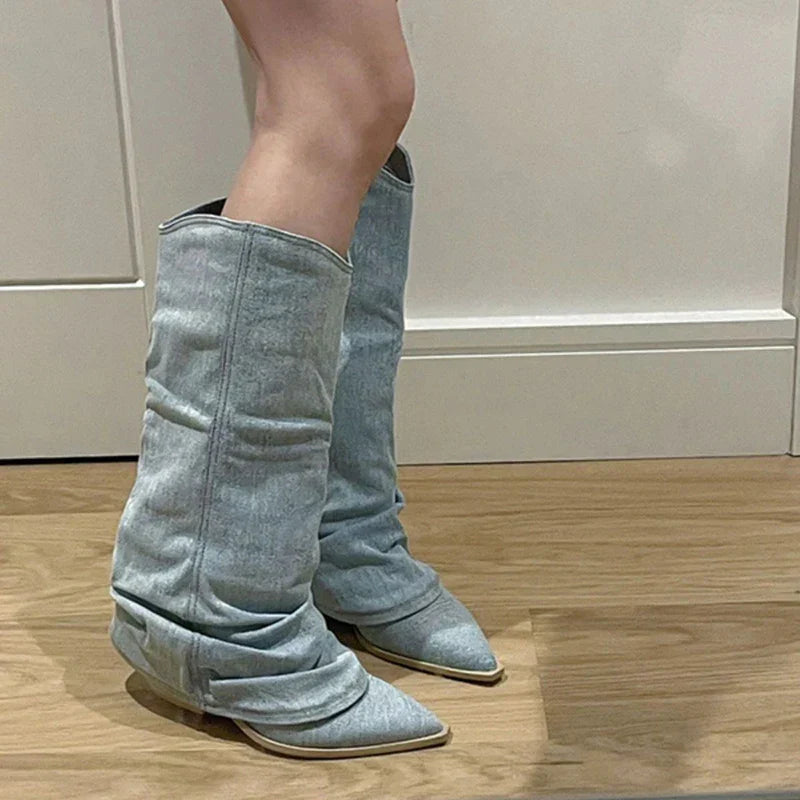 Botas de mezclilla hasta la rodilla con forro aislante y suela antideslizante | Ideal para el invierno