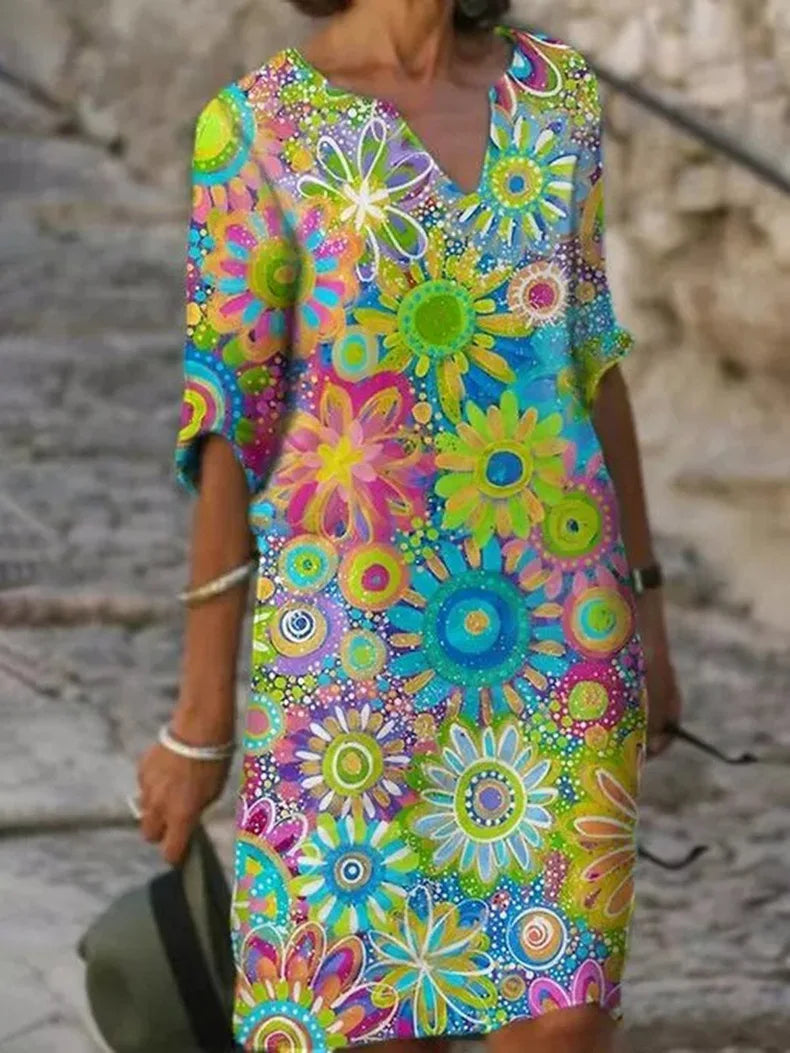 Vestido Con Estampado Floral Y Escote En V Con Mangas Cortas Para Mujer | Ideal Para Verano