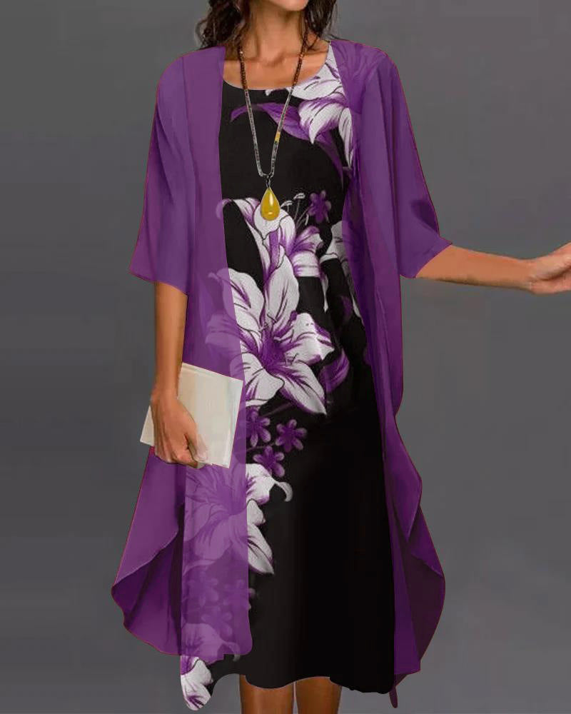 Vestido Floral de Dos Piezas con Mangas a Media Pierna y Dobladillo Asimétrico | Ideal para Primavera y Verano