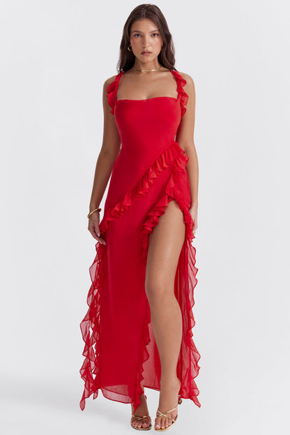 Vestido Largo con Volantes y Abertura Frontal | Ideal para Primavera y Verano