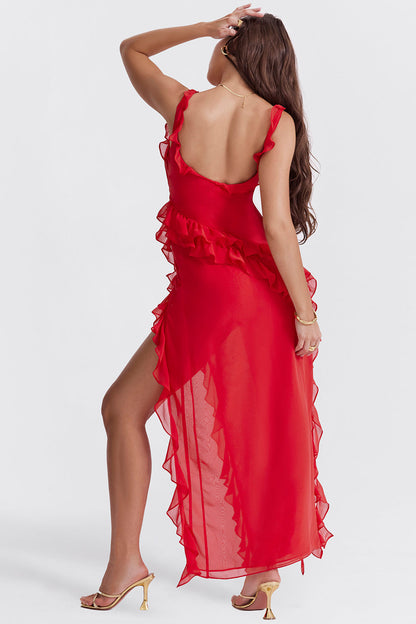 Vestido Largo con Volantes y Abertura Frontal | Ideal para Primavera y Verano