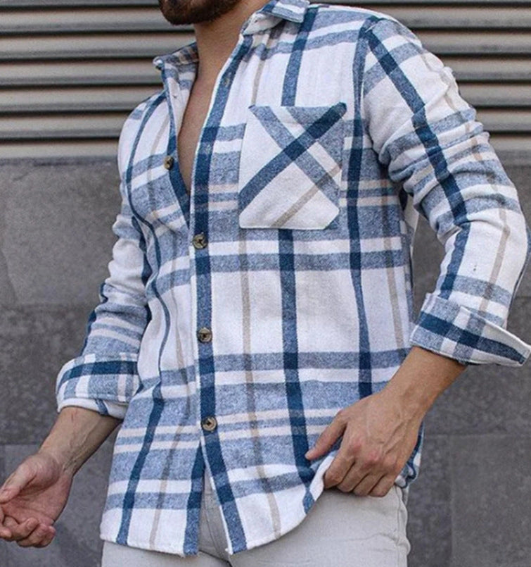 Camisa de Manga Larga con Cuello y Cuadro de Mezcla de Lana | Ideal para Primavera y Otoño