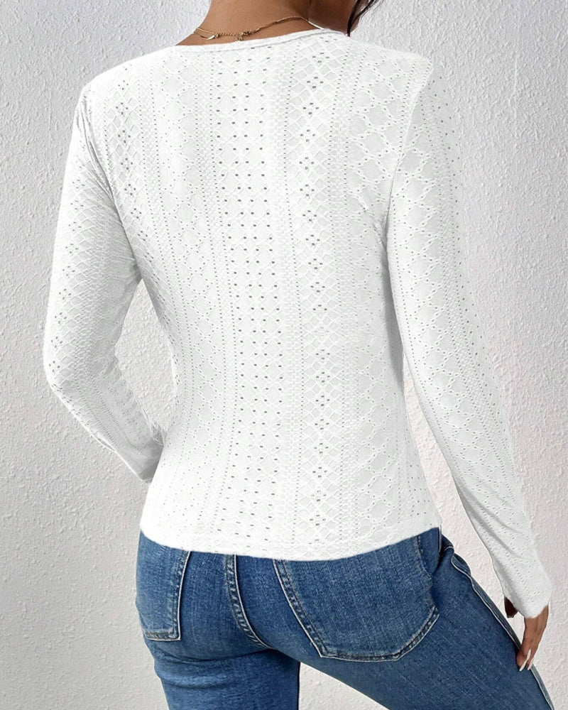 Blusa de Mujer de Manga Larga con Cuello en V y Paneles de Encaje