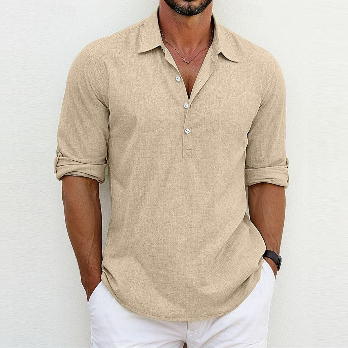 Camisa de Manga Larga con Cuello Polo Ideal para Todas las Estaciones