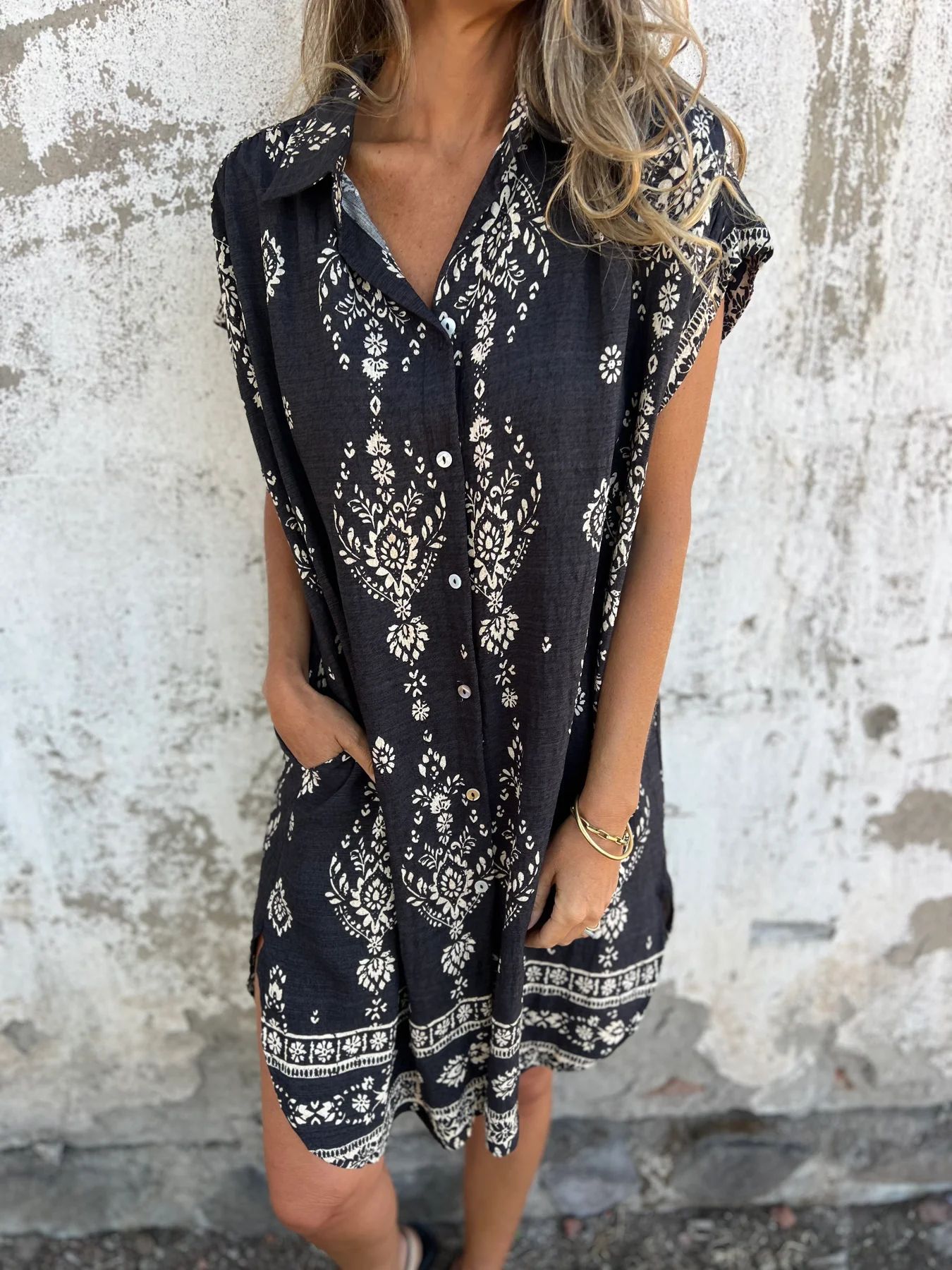 Vestido Estampado de Algodón y Lino de Manga Corta y Largo Medio con Bolsillos | Ideal para Primavera y Verano