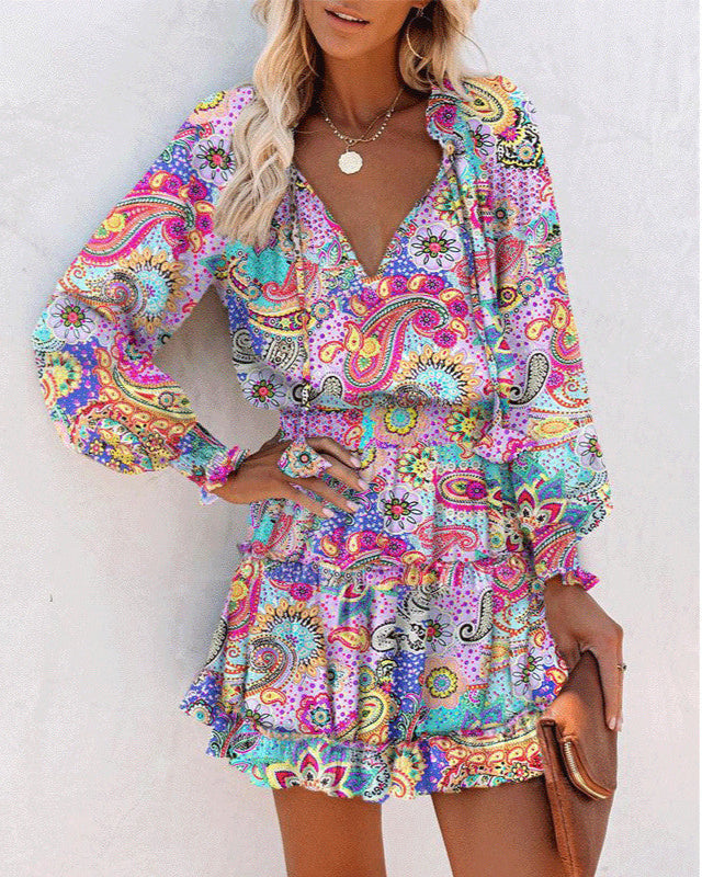 Vestido de Cintura con Mangas Largas, Manga Abullonada y Estampado Floral Patchwork | Ideal para Primavera y Otoño