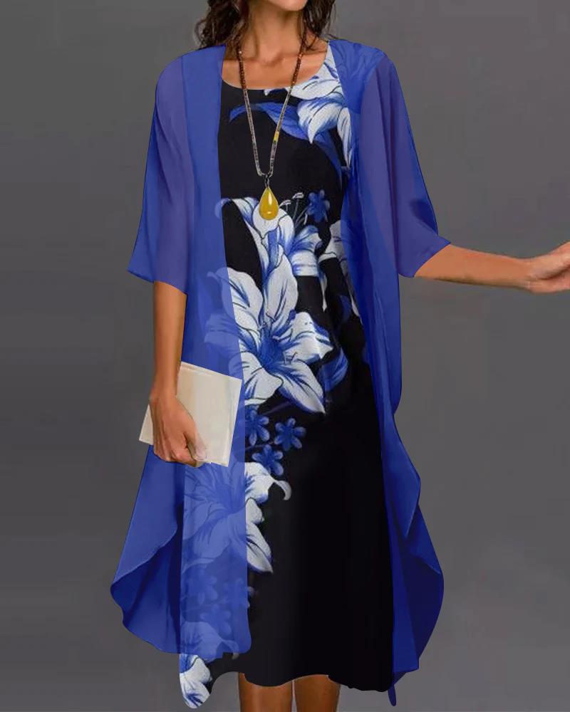 Vestido Floral de Dos Piezas con Mangas a Media Pierna y Dobladillo Asimétrico | Ideal para Primavera y Verano