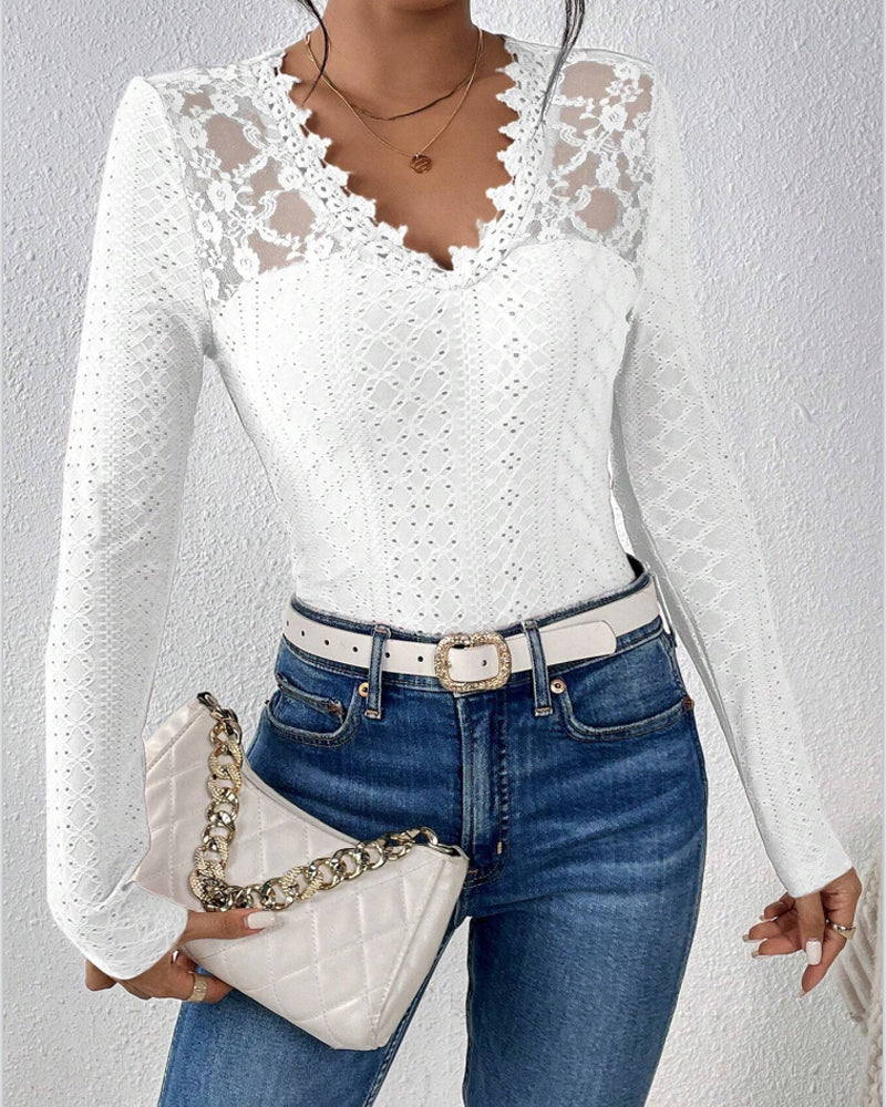 Blusa de Mujer de Manga Larga con Cuello en V y Paneles de Encaje