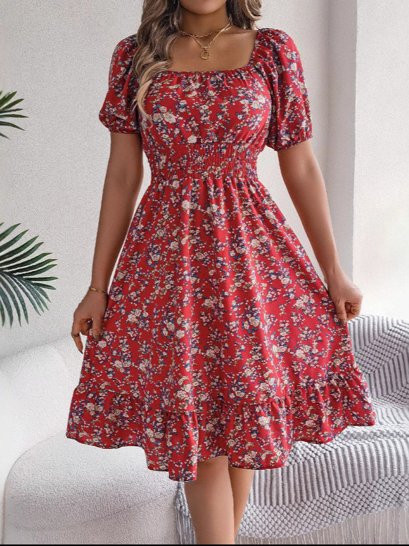 Vestido de Flores con Escote Cuadrado, Volantes y Cintura Alta | Ideal para Verano
