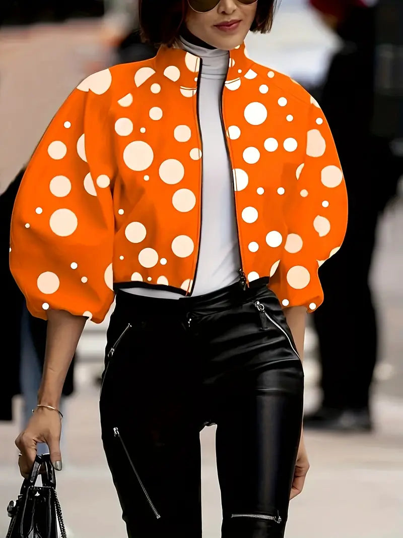 Chaqueta con Cremallera y Cuello Alto con Estampado de Lunares