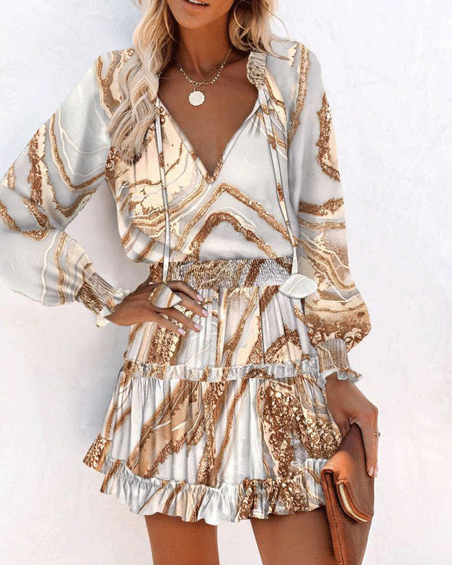 Vestido de Cintura con Mangas Largas, Manga Abullonada y Estampado Floral Patchwork | Ideal para Primavera y Otoño