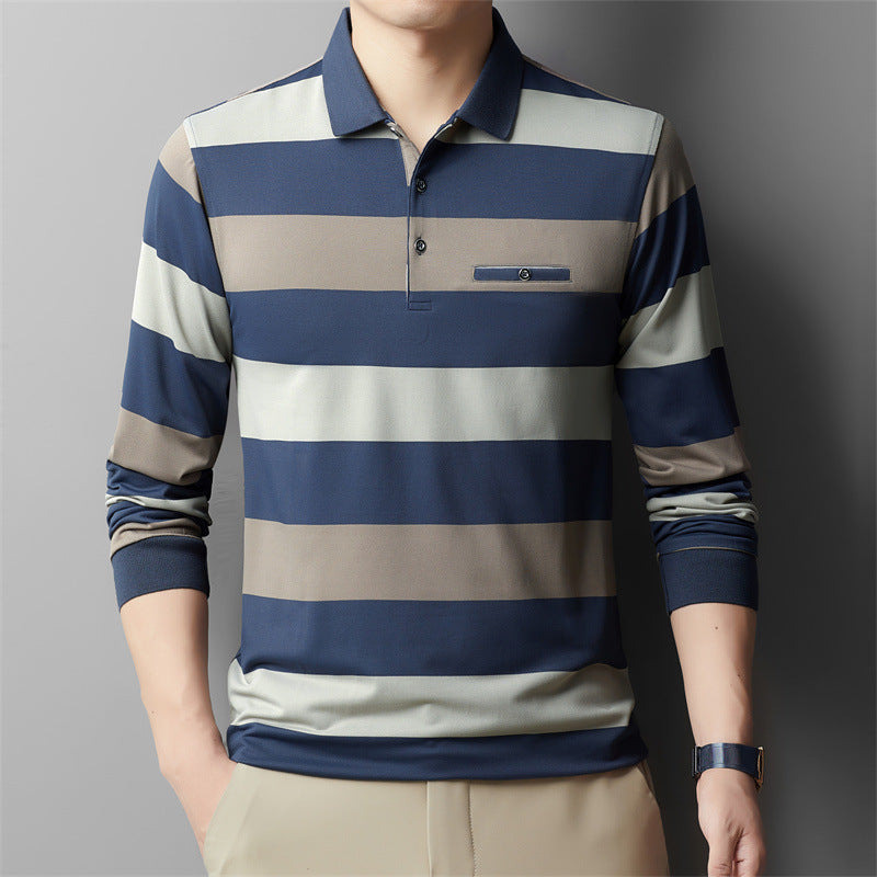 Camiseta de Manga Larga con Solapas y Rayas en Bloques de Color para Hombre | Ideal para Primavera y Otoño