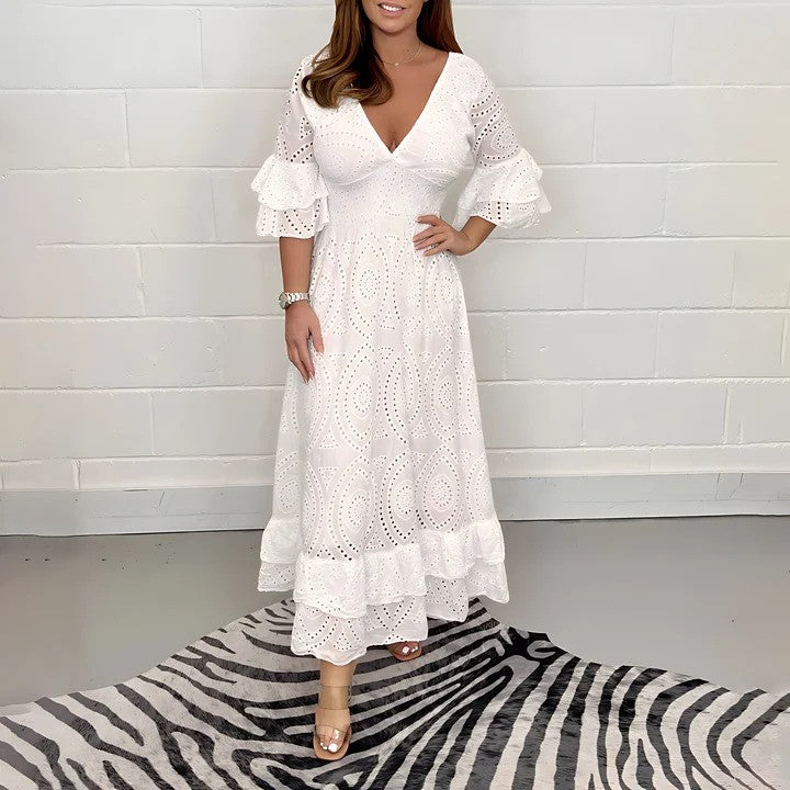 Kleid de Verano con Silueta Fluida y Escote en V - Ideal para Playa y Tardes Cálidas