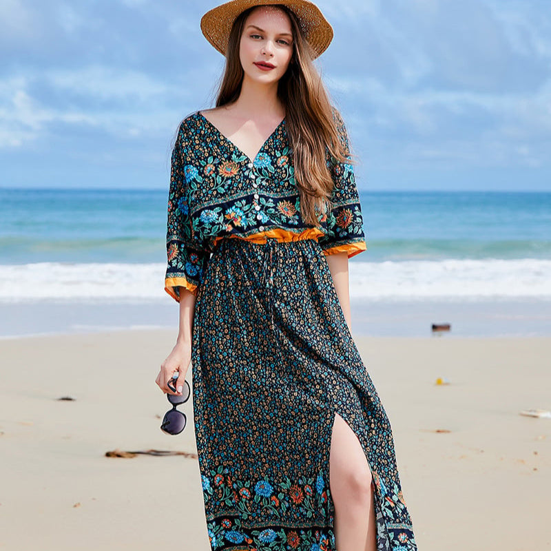 Vestido De Talla Grande Con Estampado Floral, Manga Larga Y Escote En V | Ideal Para Primavera Y Otoño