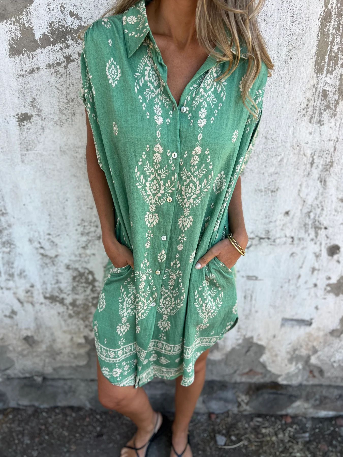 Vestido Estampado de Algodón y Lino de Manga Corta y Largo Medio con Bolsillos | Ideal para Primavera y Verano