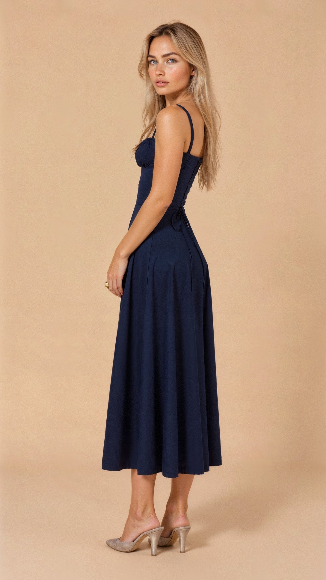Vestido Midi con Detalle de Corset, Cuerpo Ajustado y Falda Fluida | Ideal para Primavera y Verano
