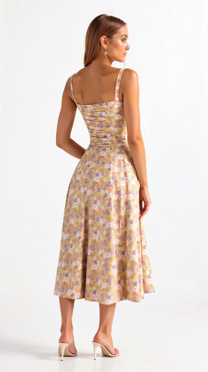 Vestido Midi con Detalle de Corset, Cuerpo Ajustado y Falda Fluida | Ideal para Primavera y Verano