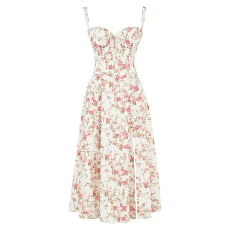 Vestido Midi con Detalle de Corset, Cuerpo Ajustado y Falda Fluida | Ideal para Primavera y Verano