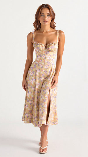 Vestido Midi con Detalle de Corset, Cuerpo Ajustado y Falda Fluida | Ideal para Primavera y Verano