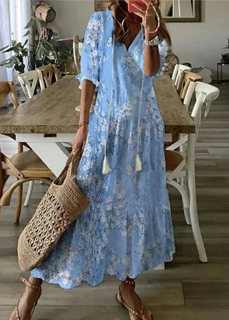 Vestido Largo Con Estampado Floral Y Cintura Con Cordón | Ideal Para Verano