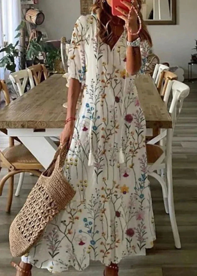 Vestido Largo Con Estampado Floral Y Cintura Con Cordón | Ideal Para Verano