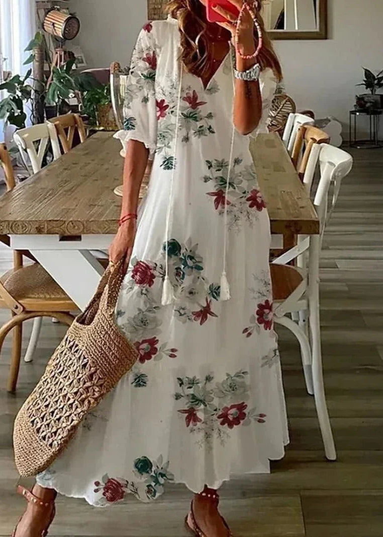 Vestido Largo Con Estampado Floral Y Cintura Con Cordón | Ideal Para Verano