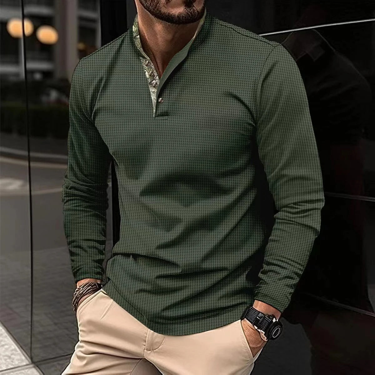 Polo de Hombre de Manga Larga con Cuello y Puños en Contraste