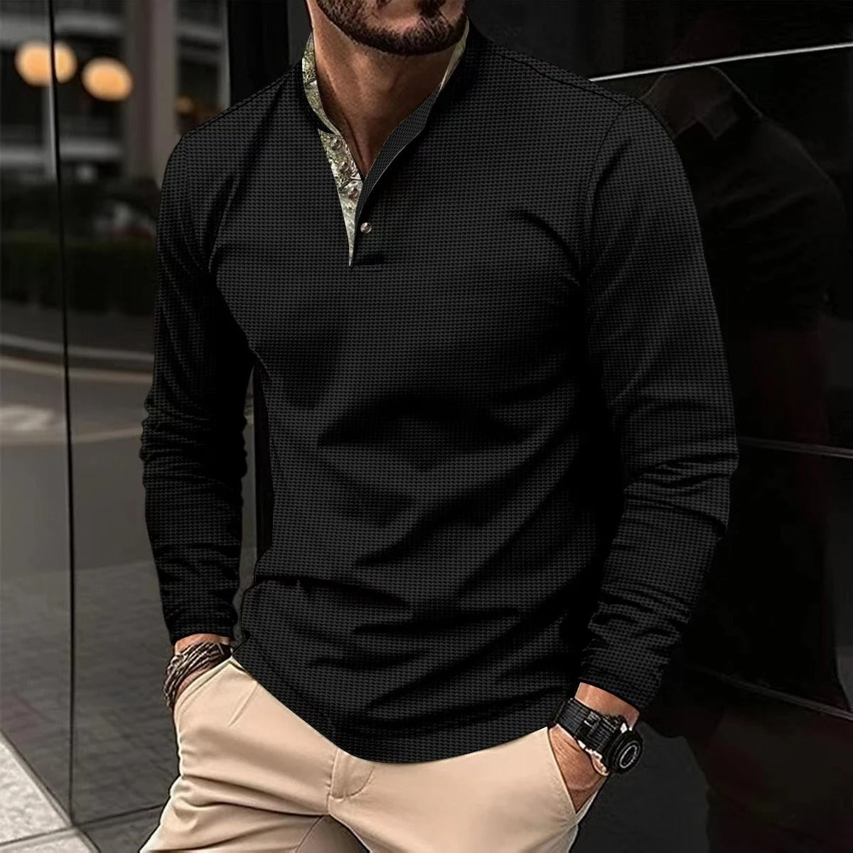 Polo de Hombre de Manga Larga con Cuello y Puños en Contraste