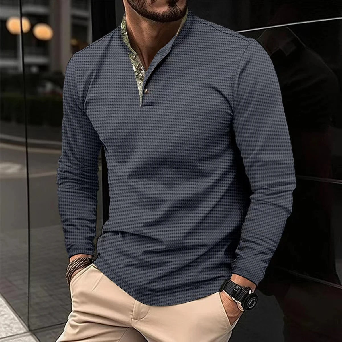 Polo de Hombre de Manga Larga con Cuello y Puños en Contraste