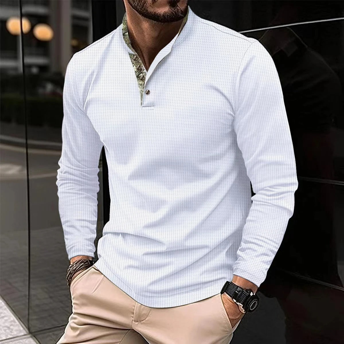 Polo de Hombre de Manga Larga con Cuello y Puños en Contraste