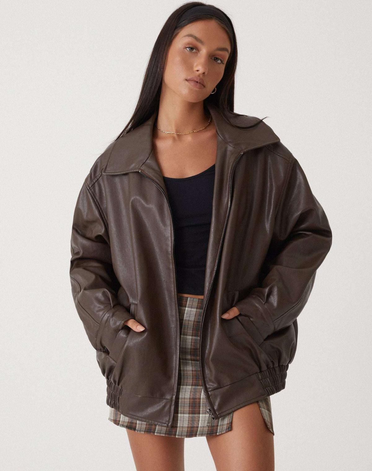 Chaqueta de cuero sintético oversize con corte holgado | Ideal para primavera y otoño